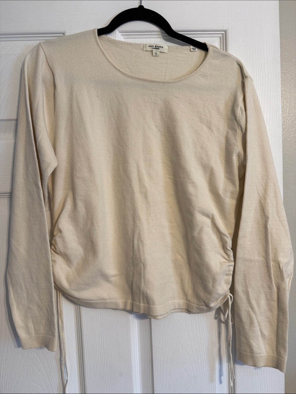 Max Studio Cream Drawstring Side Long-Sleeve Top